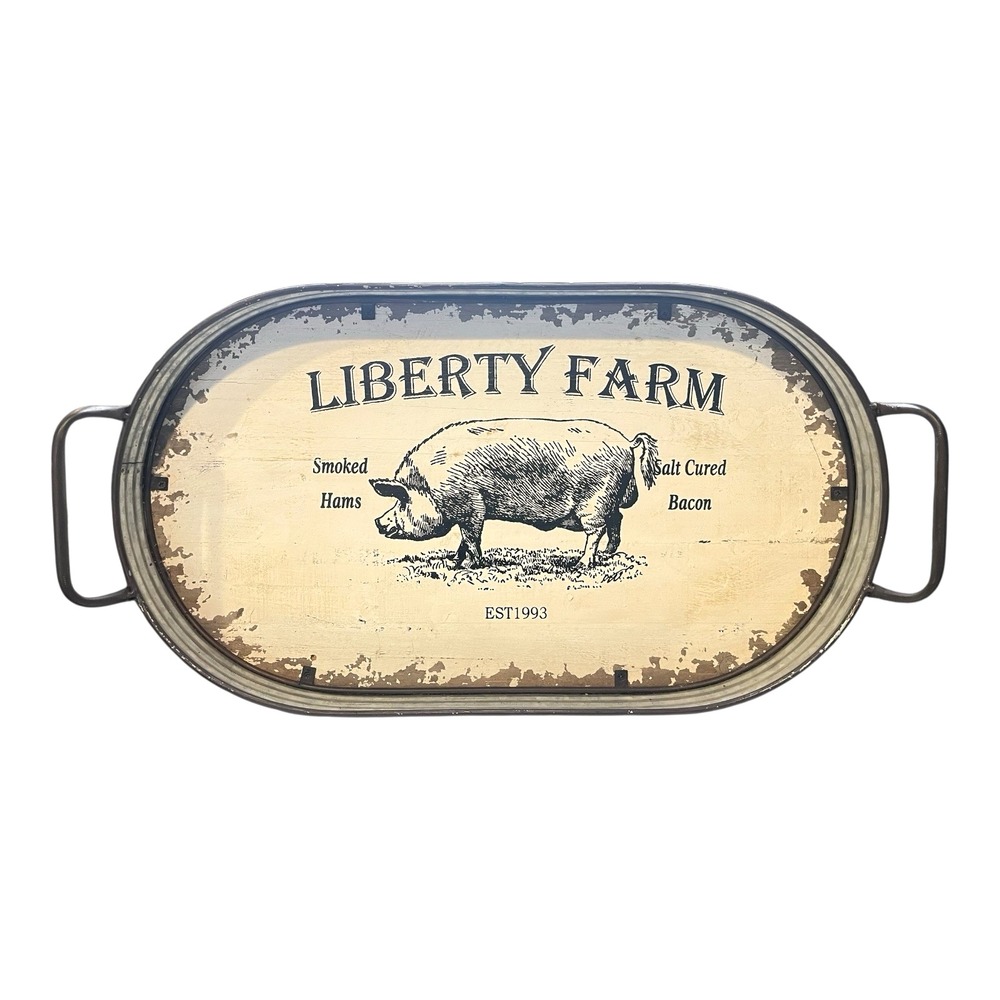 21" Galvanized Liberty Farm Wood Serving Tray With Handles Pig Ham Bacon